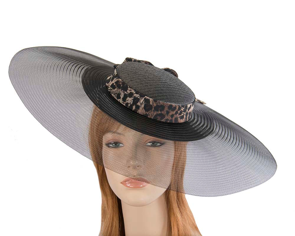 Bespoke black & leopard wide brim boater hat