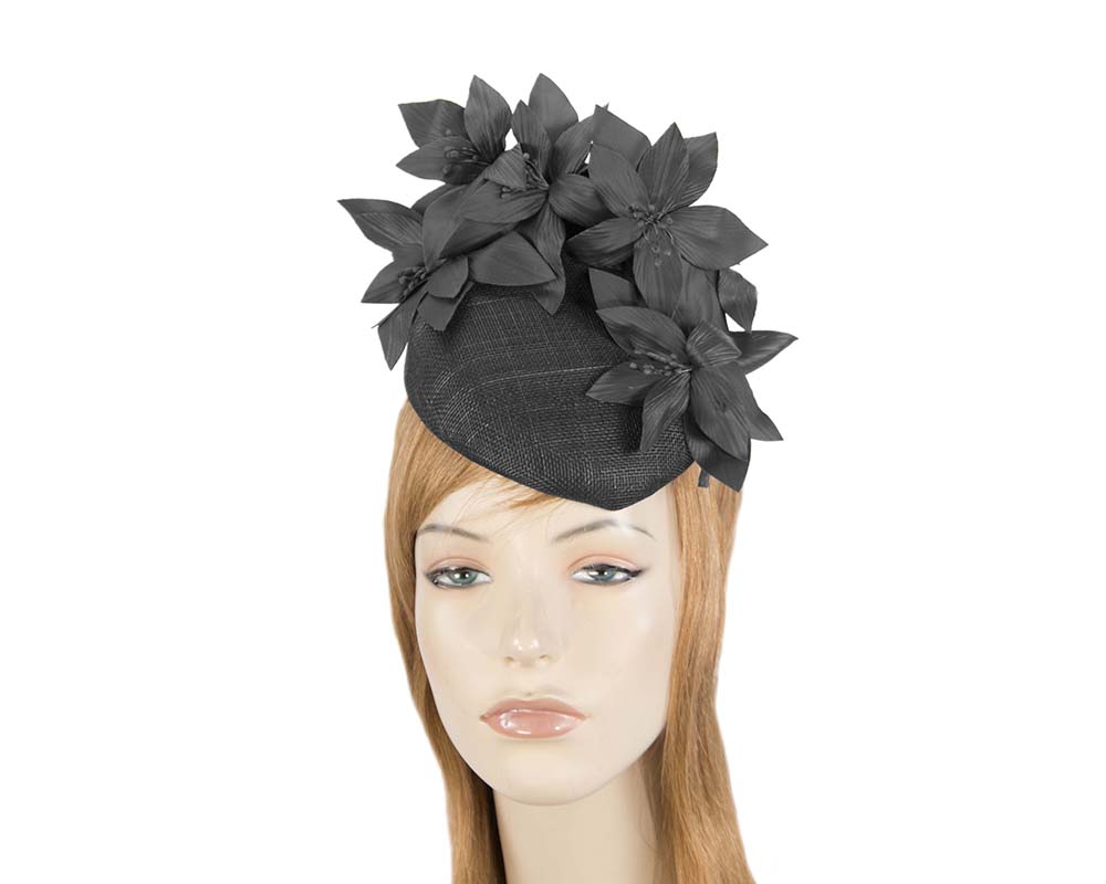 Black pillbox with leather flowers by Fillies Collection