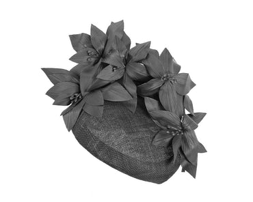 Black pillbox with leather flowers by Fillies Collection