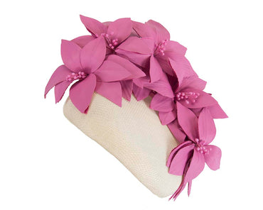 Cream & fuchsia pillbox with leather flowers by Fillies Collection