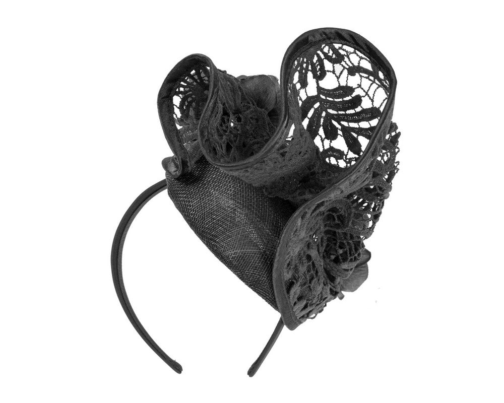 Black lace covered pillbox fascinator.