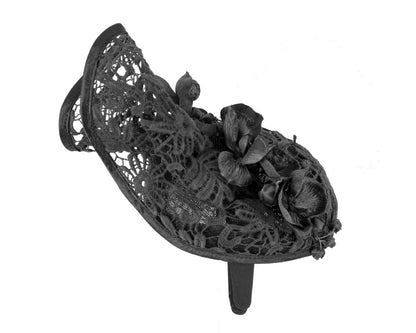 Black lace covered pillbox fascinator.