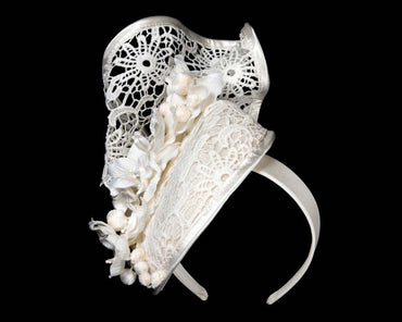 Cream lace covered pillbox fascinator