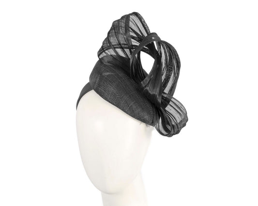 Black pillbox fascinator with silk abaca bow by Fillies Collection