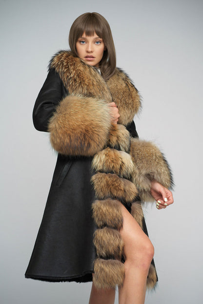 Black Genuine Maxi Sheepskin Overcoat with Arctic Raccoon Fur Detailing