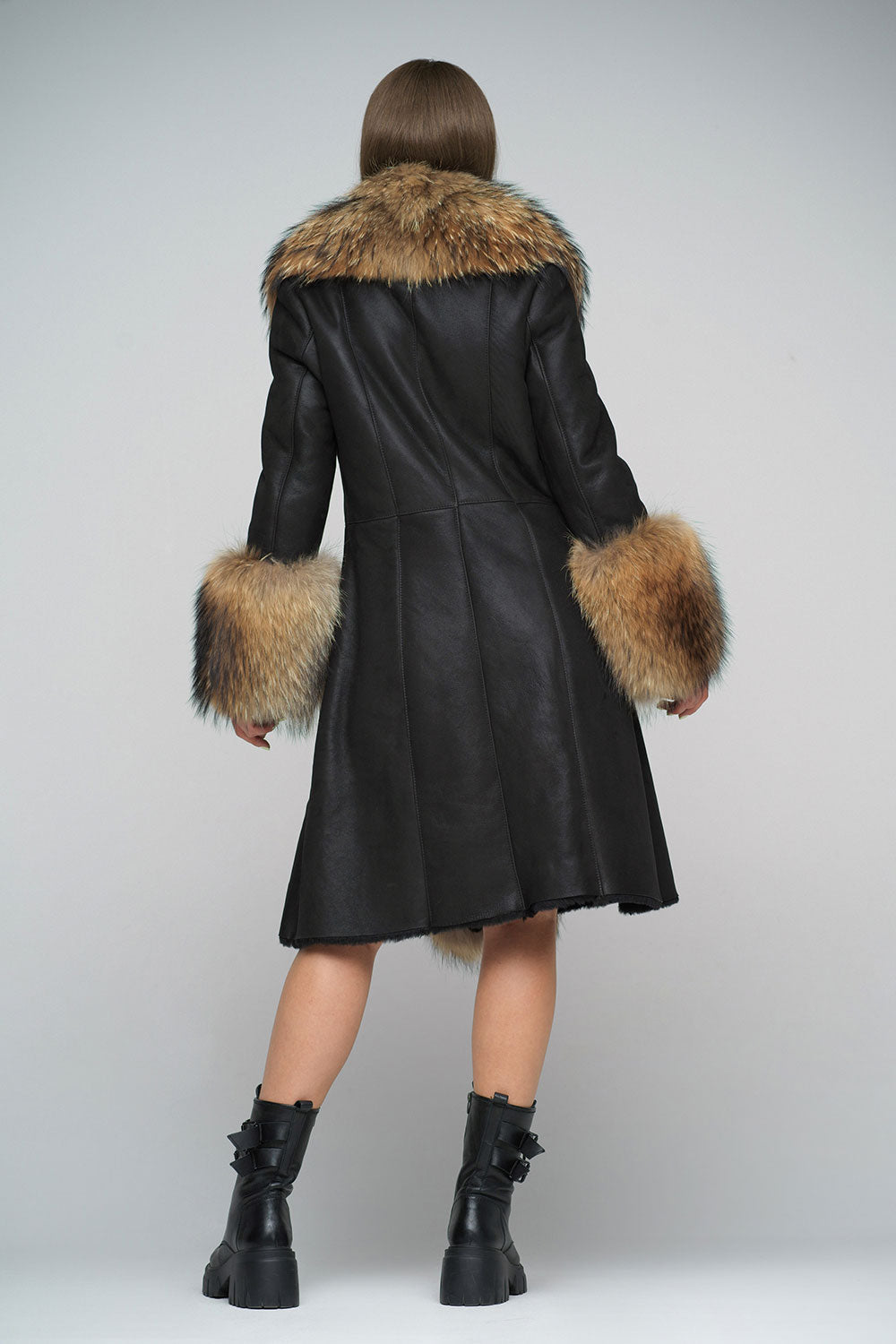 Black Genuine Maxi Sheepskin Overcoat with Arctic Raccoon Fur Detailing