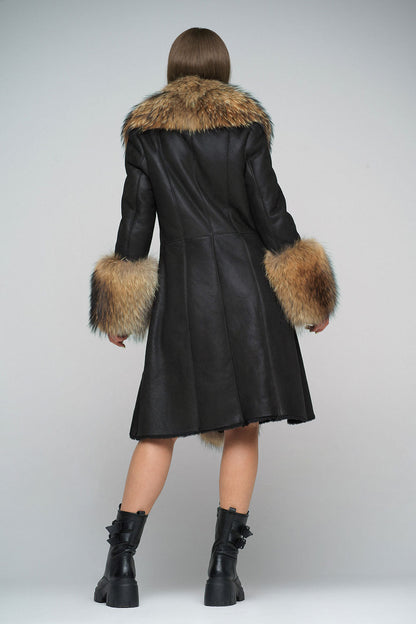 Black Genuine Maxi Sheepskin Overcoat with Arctic Raccoon Fur Detailing