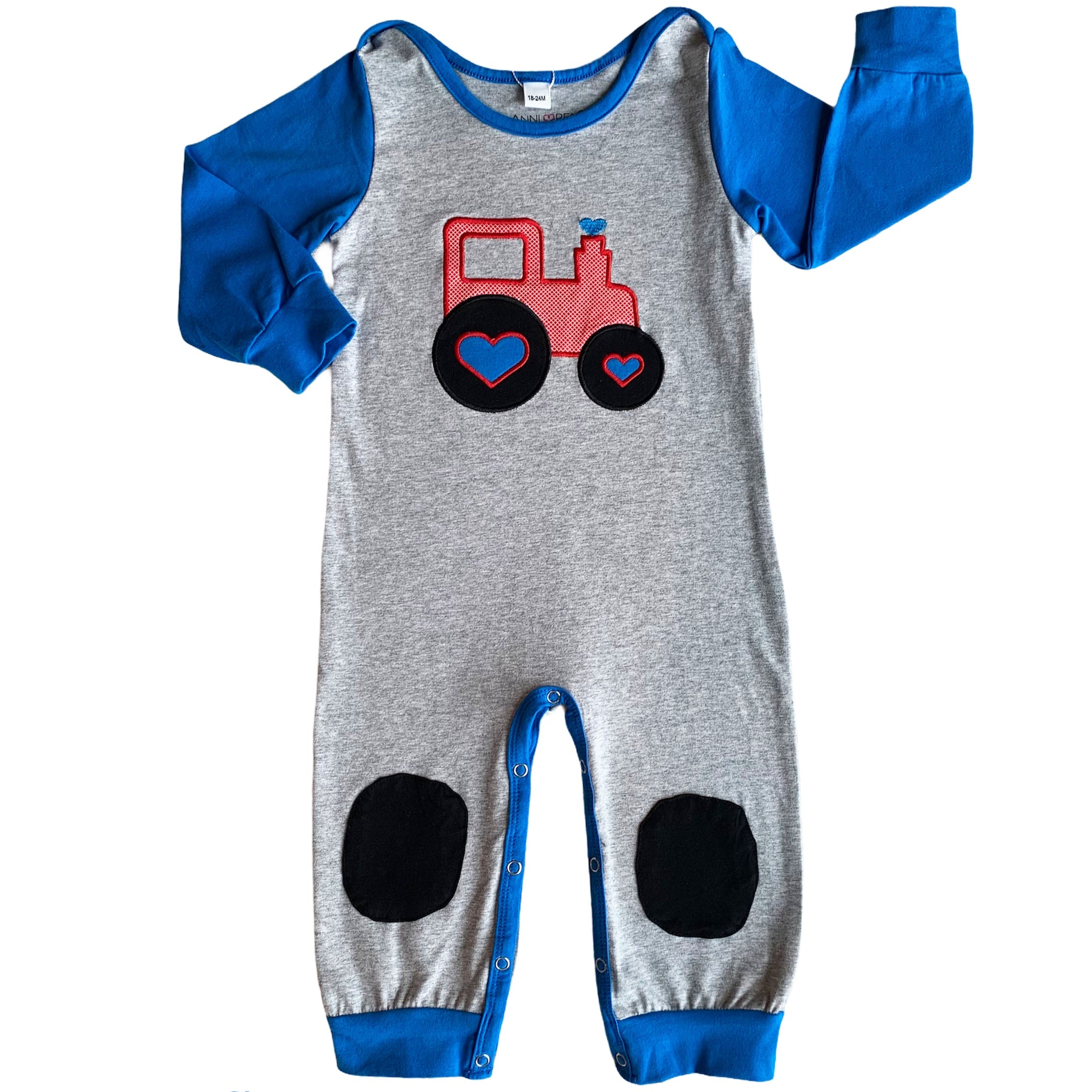 AnnLoren Baby Toddler Boys Long Sleeve Truck Romper Blue and Grey