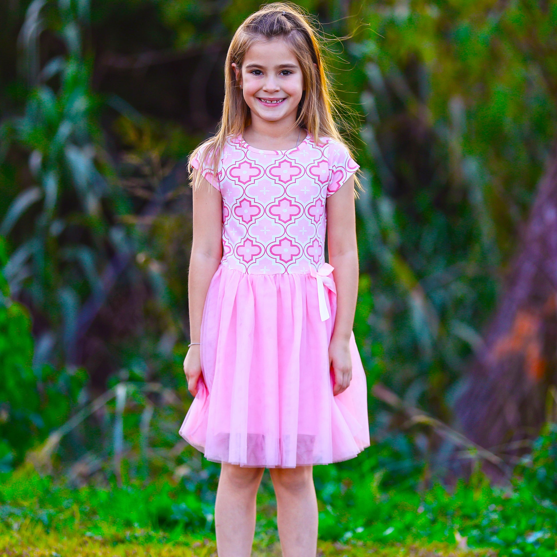 AnnLoren Girls Dress Pink Tulle & Pink Arabesque Party Dress