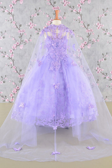 3-D Butterfly Sequin Mesh Kids Dress w/ Detachable Long Mesh Cape