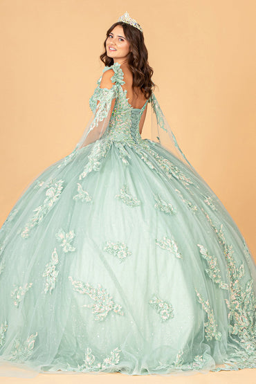 3D Flower Applique Mesh Quinceanera with Side Mesh Drapes Ball Dress GLGL3099