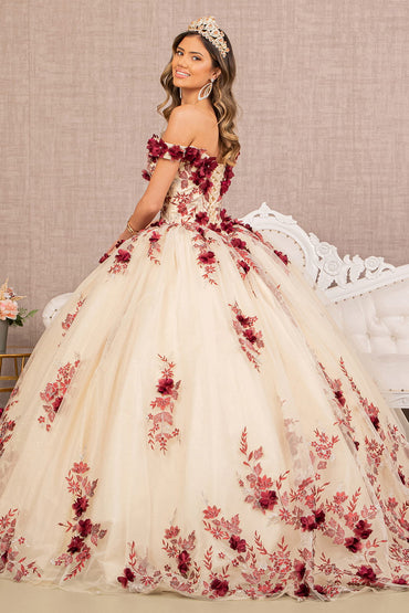 3D Flower Embroidery Off Shoulder Mesh Quinceanera Dress GLGL3105