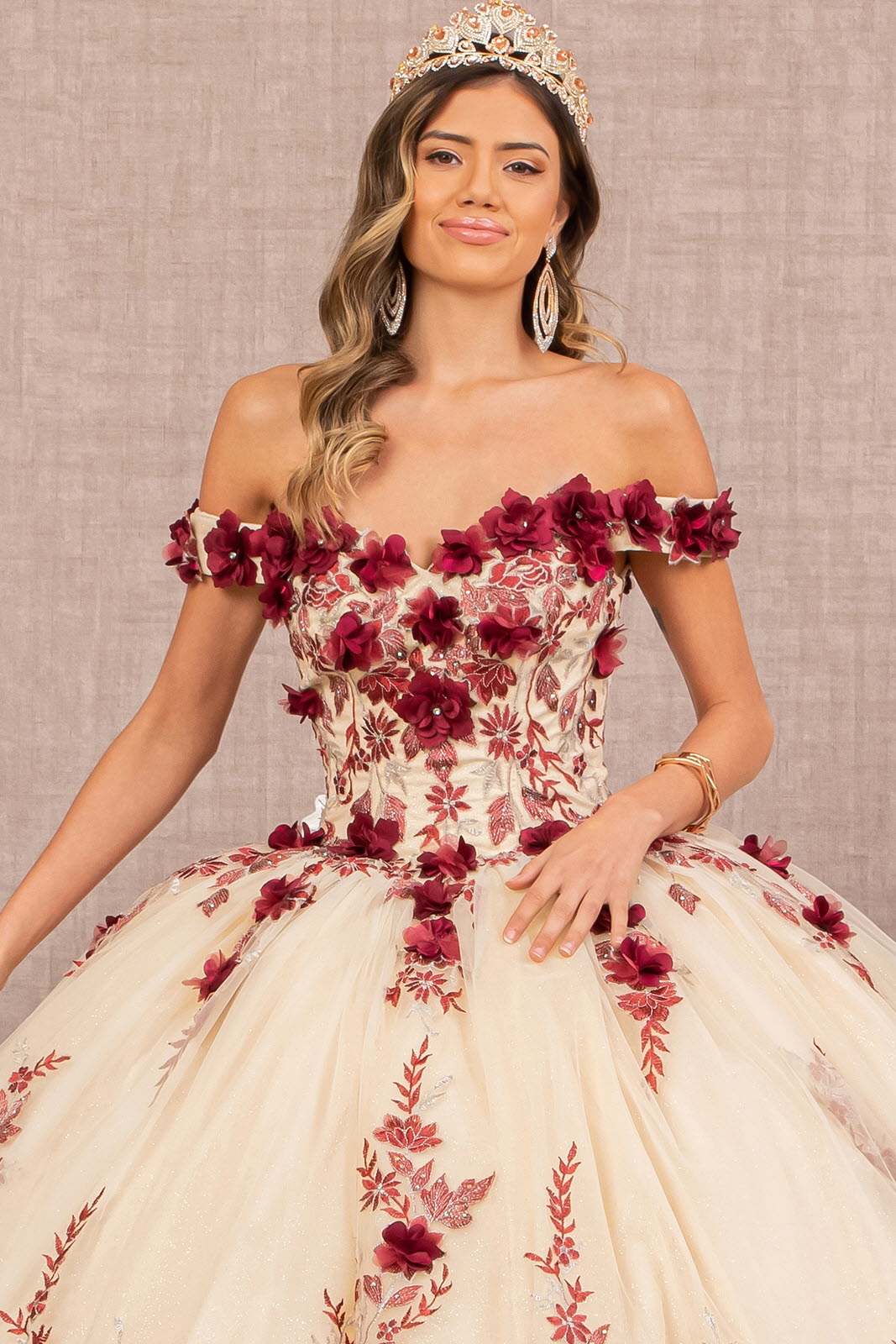 3D Flower Embroidery Off Shoulder Mesh Quinceanera Dress GLGL3105