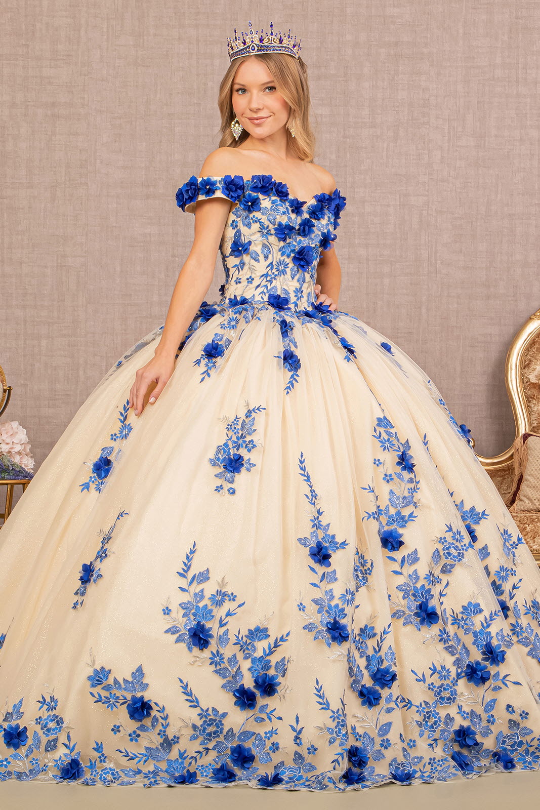 3D Flower Embroidery Off Shoulder Mesh Quinceanera Dress GLGL3105