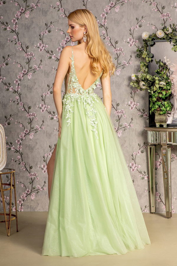 3-D Flower Glitter Sheer Bodice Mesh A-line Long Dress w/ Side Slit