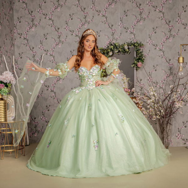 3-D Flower Ruched Bodice Mesh Ball Gown w/ Long Puff Sleeves