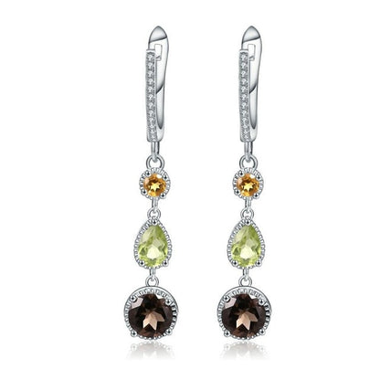 925 Sterling Silver Earrings Fine Jewelry Natural Citrine Peridot Smoky Quartz Drop Earrings For Women Wedding