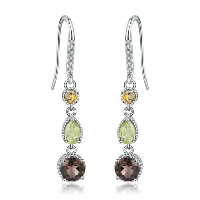 925 Sterling Silver Earrings Fine Jewelry Natural Citrine Peridot Smoky Quartz Drop Earrings For Women Wedding