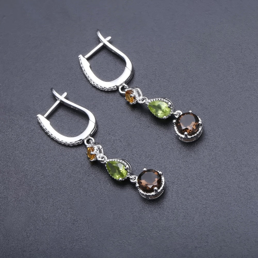 925 Sterling Silver Earrings Fine Jewelry Natural Citrine Peridot Smoky Quartz Drop Earrings For Women Wedding