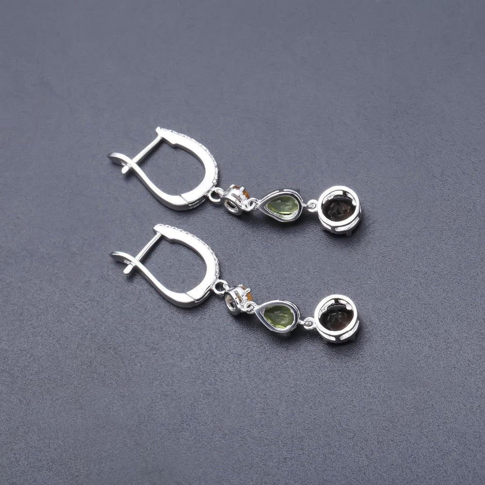 925 Sterling Silver Earrings Fine Jewelry Natural Citrine Peridot Smoky Quartz Drop Earrings For Women Wedding