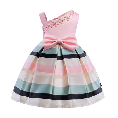 Baby Girl Floral Patched Pattern Striped Tutu Princess Dress One Shoulder Dress