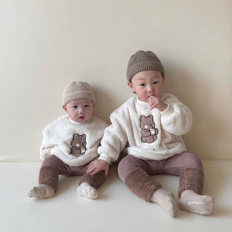 Baby Bear Embroidered Pattern Plush Hoodies Combo Pants Pieces Sets