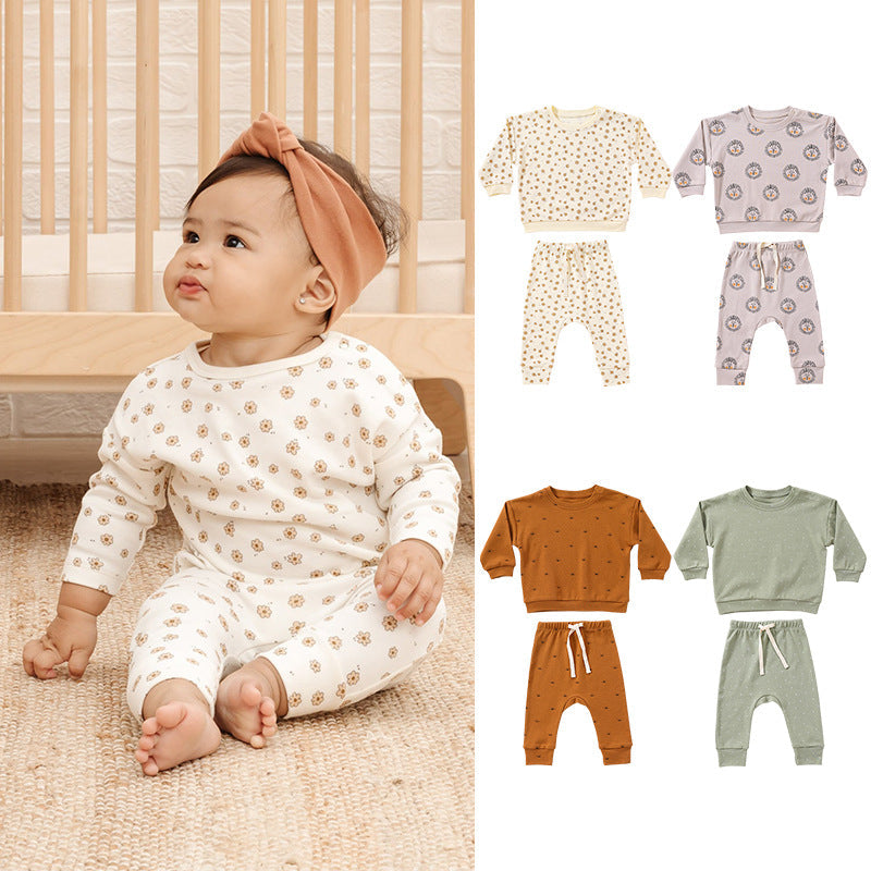 Baby Boy And Girl Print Pattern Cotton Hoodie Combo Trousers Sets