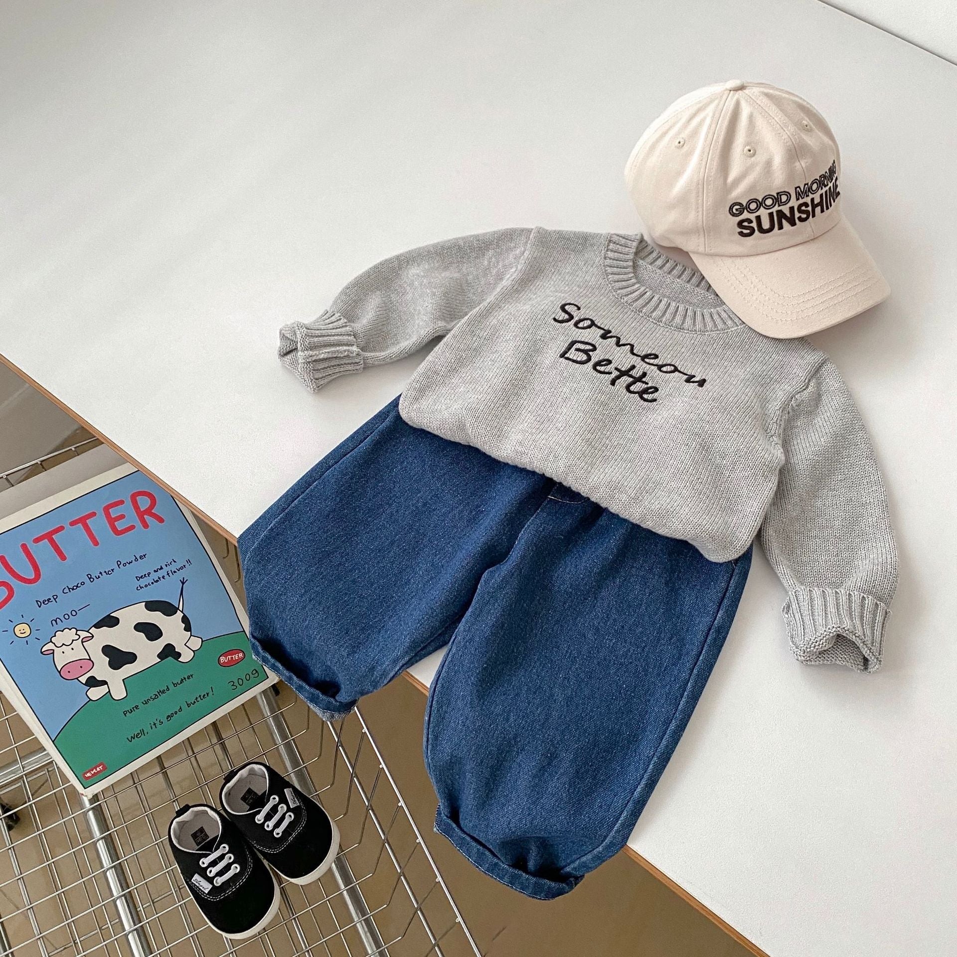 Autumn Baby Kids Boys Letters Embroidery Pattern Knitted Crew Neck Pullover and Denim Pants Clothing Set