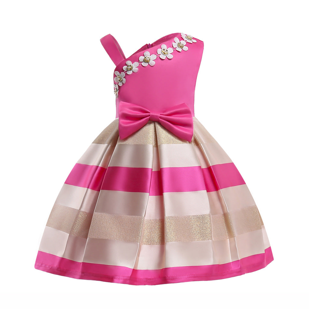 Baby Girl Floral Patched Pattern Striped Tutu Princess Dress One Shoulder Dress