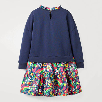 Arrival Autumn Girls Rainbow Embroidery Sweatshirt Patchwork Vivid Floral Dress