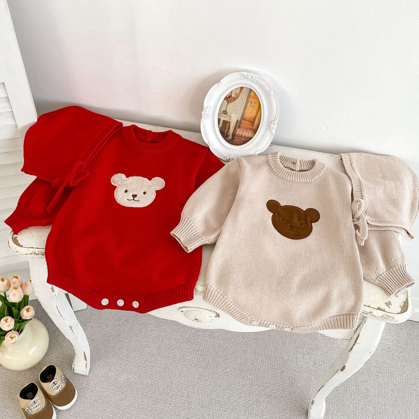 Autumn New Design Baby Unisex Teddy Bear Pattern Long Sleeves Crew Neck Knitted Onesies with Hat