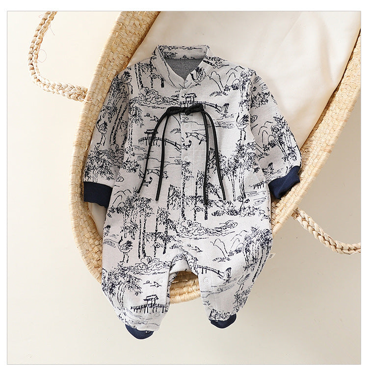 Autumn and Spring New Arrival Baby Unisex Chinese Painting Pattern Long Sleeves Stand Collar Single Breasted Rompers