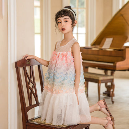 Baby Girl Colorful Flower Patched Design Sleeveless Mesh Dress