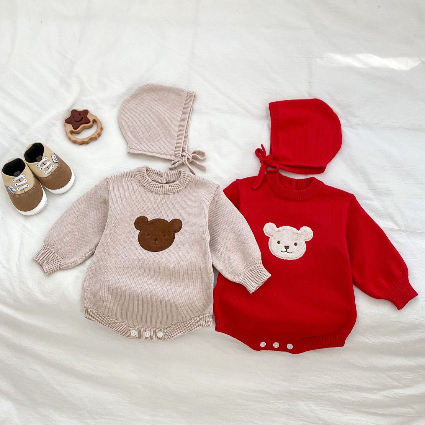 Autumn New Design Baby Unisex Teddy Bear Pattern Long Sleeves Crew Neck Knitted Onesies with Hat