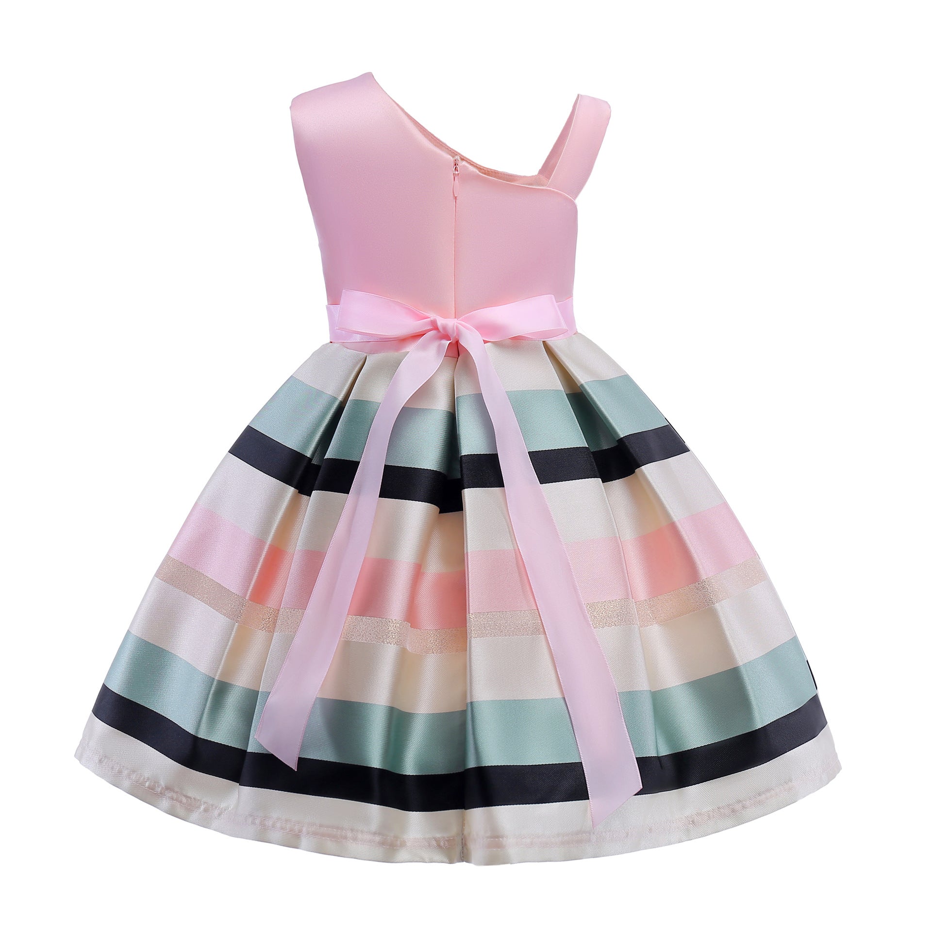 Baby Girl Floral Patched Pattern Striped Tutu Princess Dress One Shoulder Dress