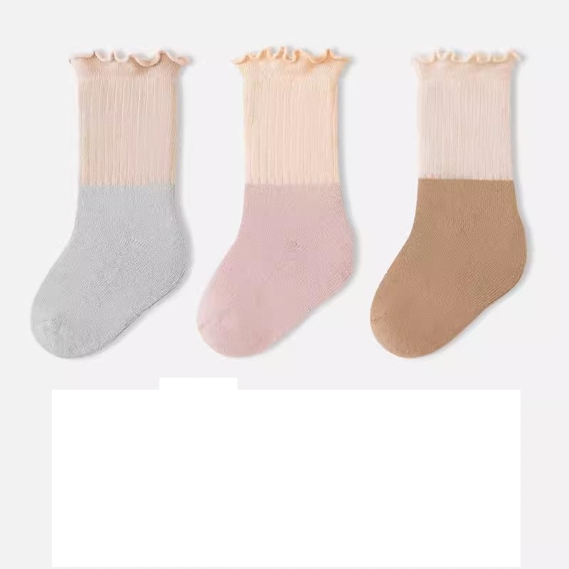 Baby Kids Unisex Patchwork Comfortable Mid-Calf Socks With Ribbed Cuffs Set