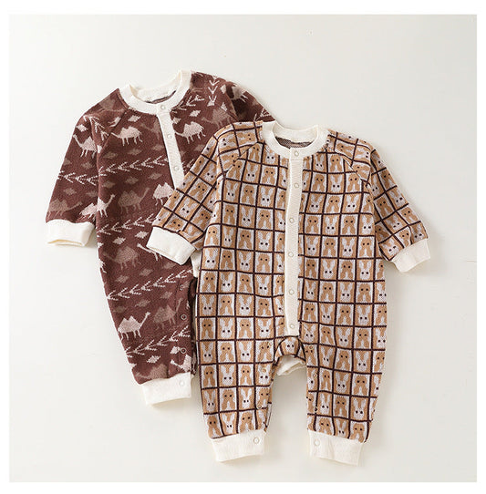 Autumn New Arrival Baby Kids Unisex Comfortable Animals and Geometric Pattern Knitted Long Sleeves Rompers