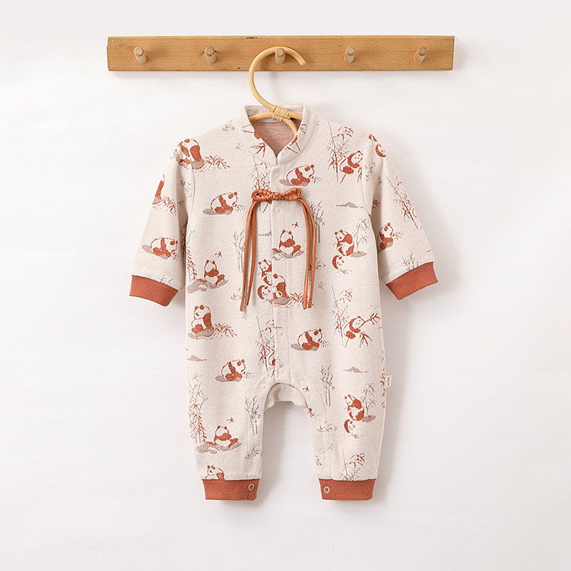 Autumn and Spring New Arrival Baby Unisex Chinese Painting Pattern Long Sleeves Stand Collar Single Breasted Rompers