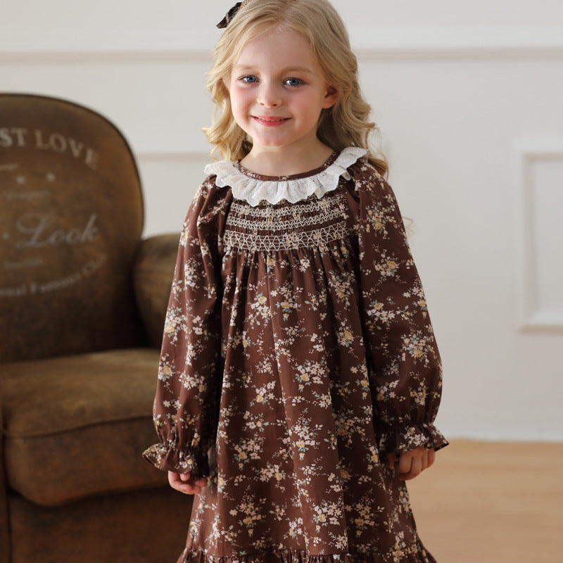 Arrival Autumn Girls Vintage Ruffle Collar Long Sleeves Floral Pattern Dress