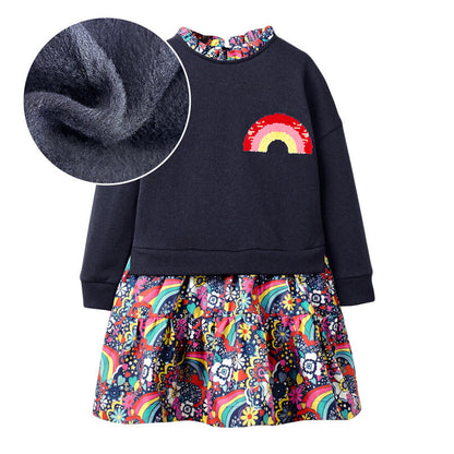 Arrival Autumn Girls Rainbow Embroidery Sweatshirt Patchwork Vivid Floral Dress