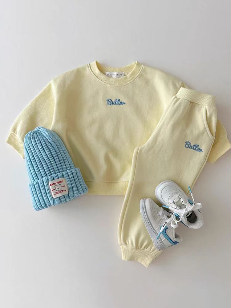 Autumn Baby Kids Unisex Casual Letter Embroidery Pullover And Pants Clothing Set