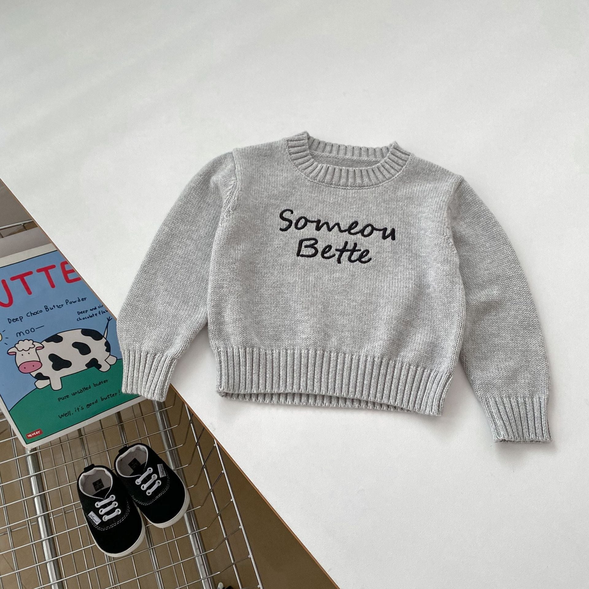 Autumn Baby Kids Boys Letters Embroidery Pattern Knitted Crew Neck Pullover and Denim Pants Clothing Set