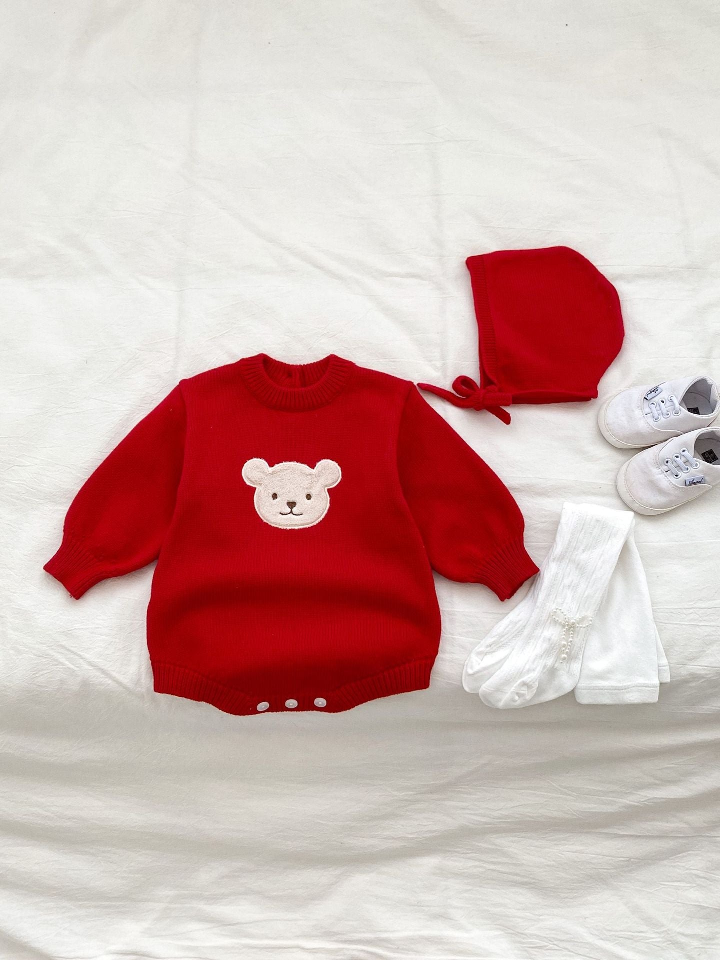 Autumn New Design Baby Unisex Teddy Bear Pattern Long Sleeves Crew Neck Knitted Onesies with Hat