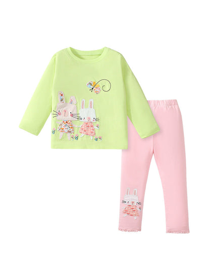 Arrival Spring And Autumn Girls Casual Appliqué Embroidery Rabbits Pattern Long Sleeves Top T-Shirt And Pants Clothing Set