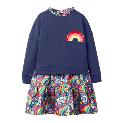 Arrival Autumn Girls Rainbow Embroidery Sweatshirt Patchwork Vivid Floral Dress