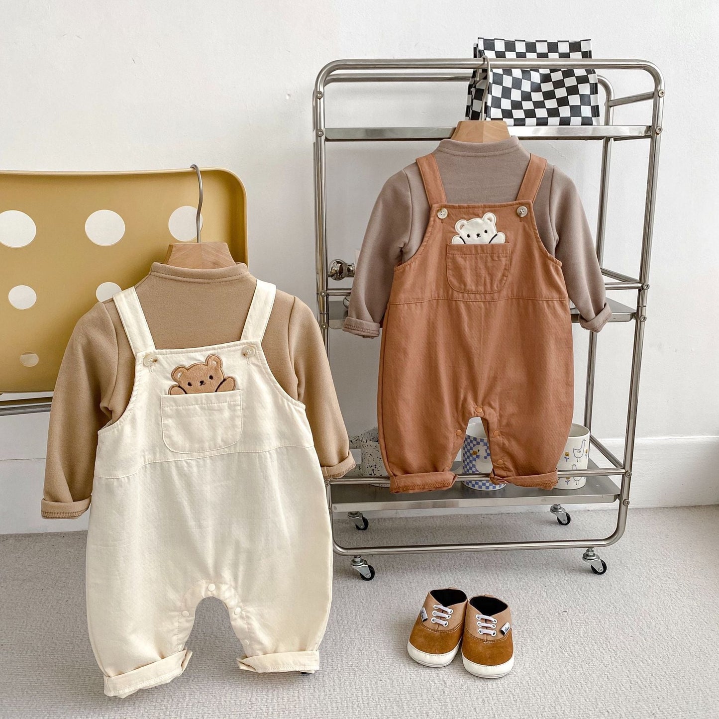 Arrival Autumn Baby Unisex Long Sleeves Striped Top Shirt and Teddy Pattern Overalls – Matching Set