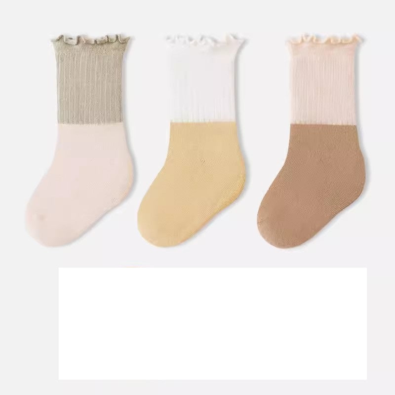 Baby Kids Unisex Patchwork Comfortable Mid-Calf Socks With Ribbed Cuffs Set