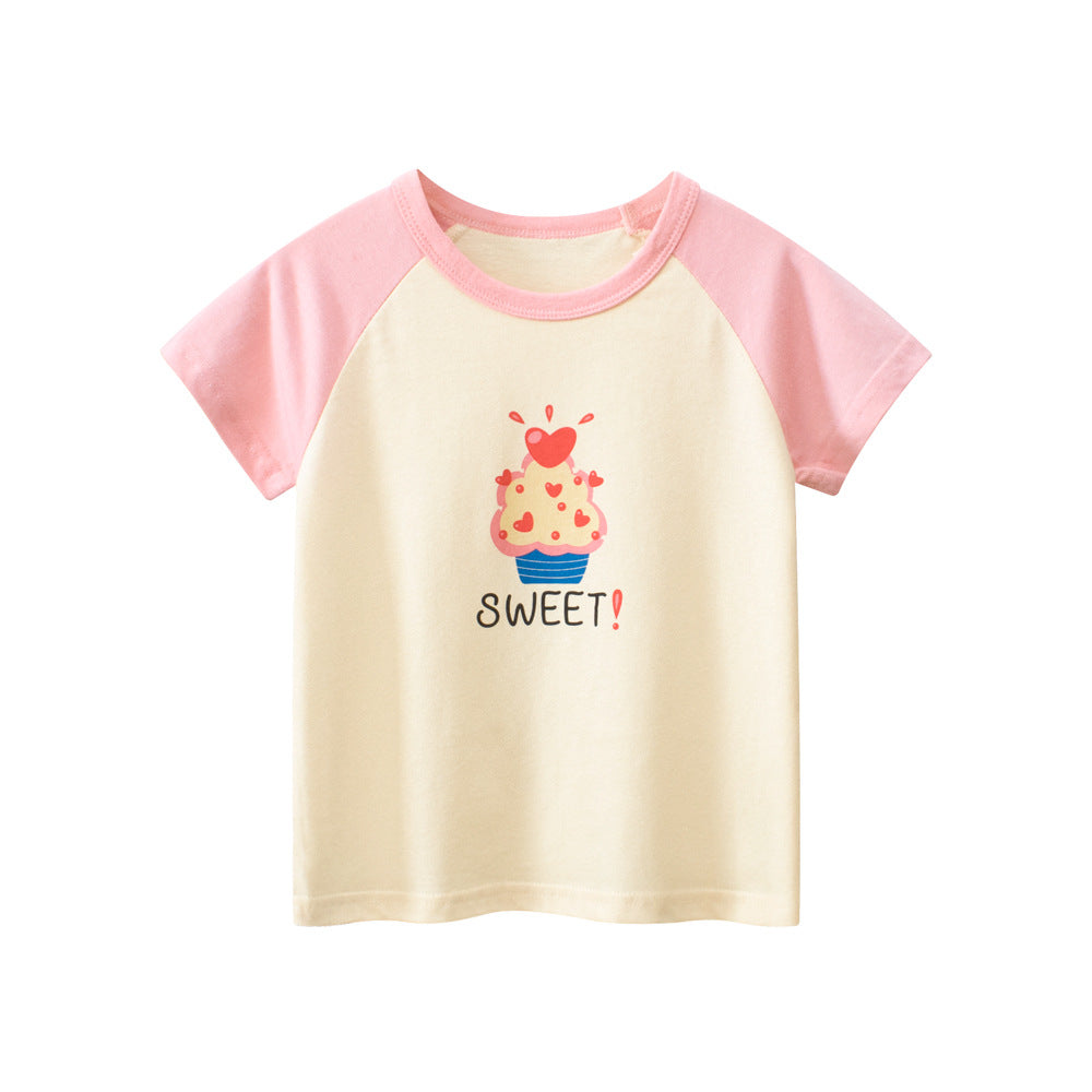 Adorable Cartoon Print Girls’ Patchwork T-Shirt For Summer