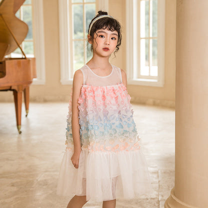 Baby Girl Colorful Flower Patched Design Sleeveless Mesh Dress