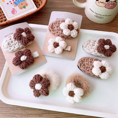 Adorable Handcrafted Knitted Hair Accessories For Children And Teens: Beige Floral Hair Clip And Plush Hairband